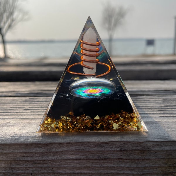 Copper wire surrounds rose pink crystal double points hexagram Orgonite Pyramid - Obsidian rolling stone Healing meditator