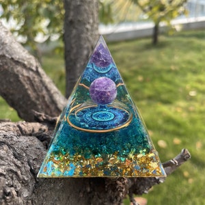 crystal Amethyst ball Orgonite Pyramid - Gold leaf rolling stone Healing meditator