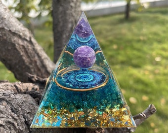 crystal Amethyst ball Orgonite Pyramid - Gold leaf rolling stone Healing meditator