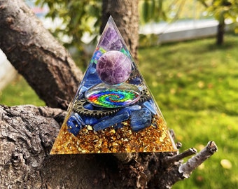 Dream amethyst ball Orgonite Pyramid - Blue crystal bar  Gold leaf rolling stone Healing meditator