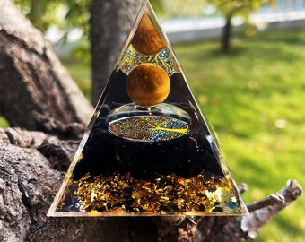 tiger-eye ball Orgonite Pyramid - obsidian Tree of the Earth Gold leaf rolling stone Healing meditator