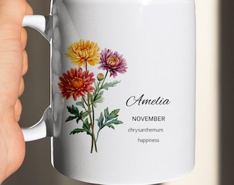 Custom Birth Flower Mug, Personalized Name Floral Cup, Birthday Flower Meaning Mug Gift