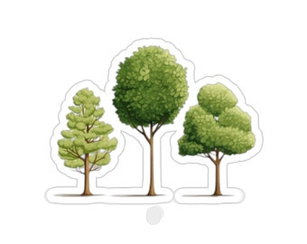 Può includere: Tre alberi verdi di forme e dimensioni diverse, isolati su uno sfondo bianco.