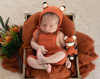 Newborn Fox Romber and Bonnet for Boys, Newborn Knitted Outfit Boys, Newborn Photography Props, Newborn fox toys, Newborn photo props