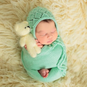 Newborn Knitted Wrap & Bonnet Prop Set, Newborn Knitted Outfit, Newborn Photography Props, Knit Newborn Bonnet, Baby Props for Photography,