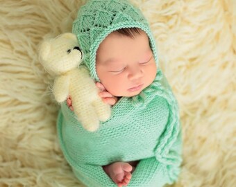 Newborn Knitted Wrap & Bonnet Prop Set, Newborn Knitted Outfit, Newborn Photography Props, Knit Newborn Bonnet, Baby Props for Photography,