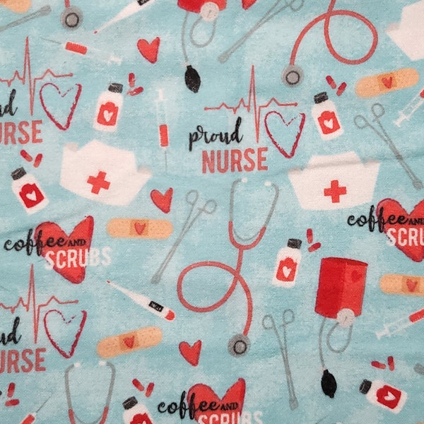 Flannel Fabric - Nurse Coffee and Scrubs - REMNANTS (Multiple Sizes) - 100% Cotton Flannel