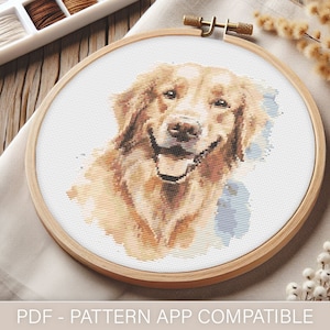 Puede incluir: Patrón de punto de cruz de un perro golden retriever en un aro. El perro sonríe y tiene un pelaje marrón claro. El patrón está en tela Aida blanca.