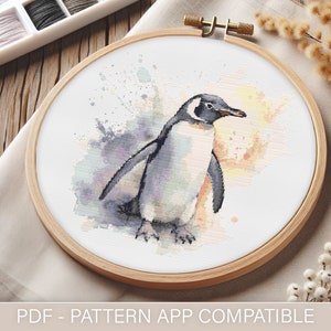 May include: A watercolour painting of a penguin on a white background. The penguin is standing on its feet with its wings spread out. The painting is surrounded by a light blue and yellow watercolour background.
