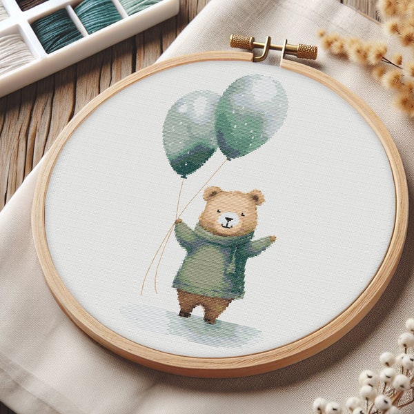 Baloon Bear Modern Cross Stitch Pattern | PDF Download (EN)