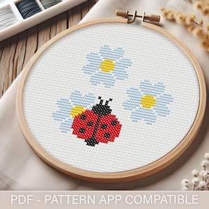 Ladybug Flowers Cross Stitch Pattern: Easy Beginner Design (PDF)