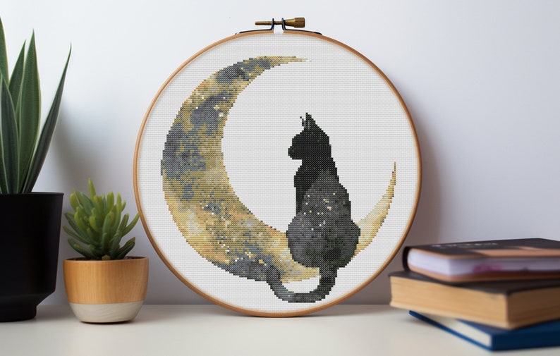 Modern Moon Cat Cross Stitch Pattern (PDF) | Easy to Follow | Pattern ...