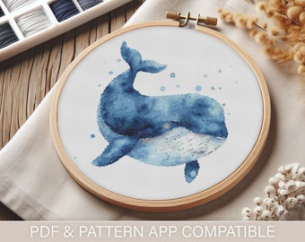 Watercolor Whale Cross Stitch Pattern (PDF) | Easy to Follow | Pattern Keeper Friendly