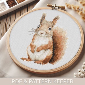 May include: A cross-stitch embroidery hoop with a brown squirrel design. The squirrel is standing on its hind legs with its paws crossed. The hoop is on a white fabric surface.