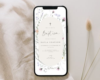 Plantilla de invitación digital para bautizo de flores silvestres (Descargar)