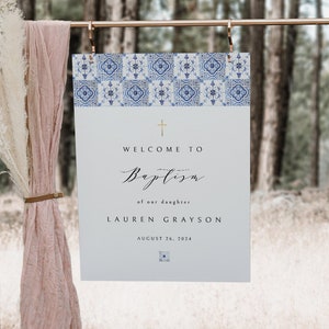 Baptism Welcome Sign, Christening Welcome Sign Template, Blue Tile Baptism Welcome Sign, Mediterranean Welcome Sign, Editable Printable Sign