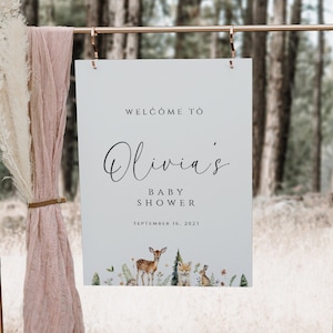 Cartello di benvenuto modificabile per baby shower nel bosco, cartello per baby shower, baby shower nel bosco, decorazione stampabile con animali del bosco, rustico