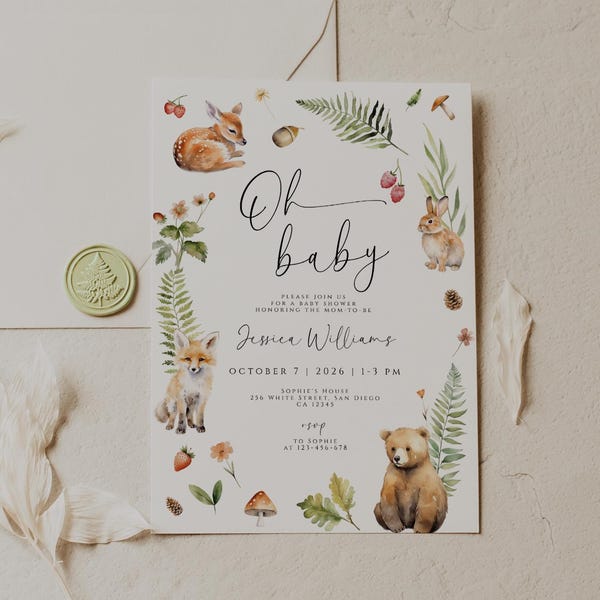 Woodland Baby Shower Invitation Neutral Forest Animal Theme Rustic Greenery Baby Shower Invite Oh Baby Printable Editable Template Instant
