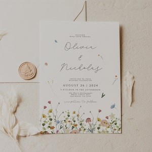 Wildflower Wedding Invitation Set with QR Code, Editable Wedding Invitation Template Suite, Garden Flowers Wedding Invite, Boho, Printable image 1