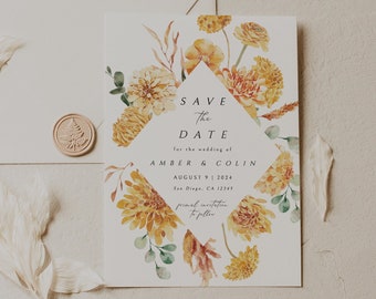 Rustic Wedding Save The Date Card Template, Boho Floral Wedding Save The Dates, Fall Autumn Save the Date Invite,  Editable Template, Orange