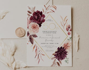 Invito per il 50° anniversario, invito per anniversario di nozze d'oro, invito stampabile per anniversario bordeaux, festa di anniversario, modello modificabile