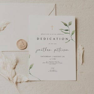 Plantilla de invitación para ceremonia de dedicación con vegetación, invitación para ceremonia de dedicación, invitación dorada, imprimible y editable, descarga instantánea
