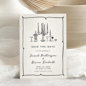 Save the Date Template, Hand Drawn Wedding Save the Date, Champagne Save The Date Invite, Wedding Announcement, Scribble Illustrations