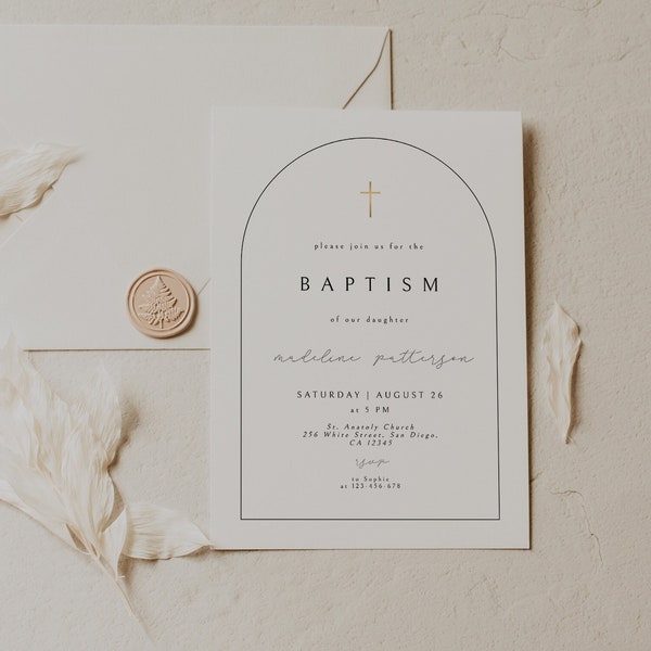 Taufeinladungsvorlage, bearbeitbare Taufe einladen, Modern & Klassisch, Bogen Taufeinladung, Einfache Taufe einladen, Minimalistisch, Templett