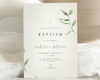 Minimalist Greenery Baptism Invitation Template, Christening Invite, Religious Cross, Printable Baptism, Greenery Baptism Invitation Card