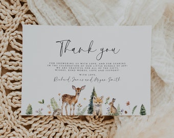 Woodland Thank You Card, Printable Baby Shower Thank You Note Editable Baby Shower Gender Neutral Woodland Baby Shower Printable Thank You