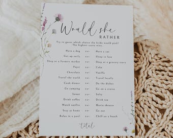 Would She Rather Bridal Shower Game Wildflower Bridal Shower Template Bridal Shower Game, Printable Would She Rather Game Editable Game
