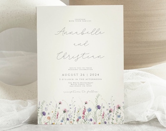 Wildflower bruiloft uitnodiging set QR-code RSVP, boho bruiloft uitnodiging suite, aquarel wilde bloemen bruiloft uitnodiging suite sjabloon, bewerkbaar