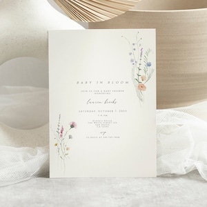 Baby in Bloom Editable Baby Shower Invitation, Floral Baby in Bloom Invitation Template, Wildflowers, Girl Baby Shower Invite, Printable