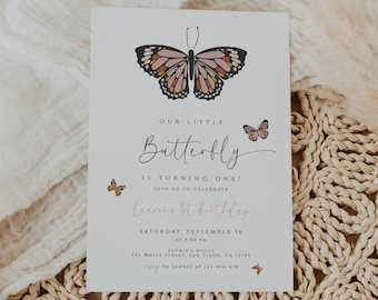 Boho Butterfly Birthday Invitation Template, Boho Invitation, Girl Birthday Invitation, 1st Birthday Invite, First Birthday Invitation Girl