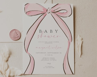 Pink Bow Baby Shower Invitation Template Coquette Girl Baby Sprinkle Invite Pastel Ribbon Baby Shower Printable Editable Digital Download