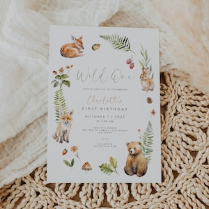 Woodland verjaardagsuitnodiging, Woodland Girl eerste verjaardagsuitnodiging, bewerkbare Wild One feestuitnodiging, bosdieren 1e verjaardag, download