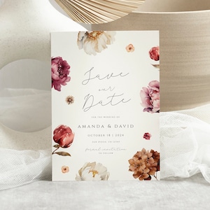 Burgundy Save the Date Template Fall Wedding Save the Date Floral Wedding Save The Date Invitation Autumn Rustic Save our Date Download