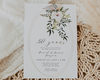 Modello di invito per il 50° anniversario: Golden Greenery Floral (modificabile, stampabile)