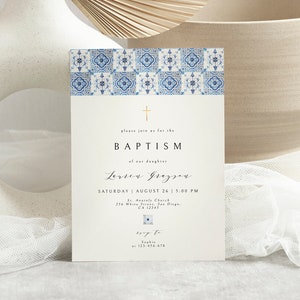 Printable Baptism Invitation, Italian Positano Blue Tile baptism Invite, Mediterranean Blue Tile Christening Baptism, Religious Invite Card