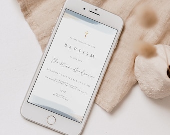 Digital Baptism Invitation Boy Christening Invite Template Dusty Blue Baptism Invite Electronic Blue Watercolor Baptism Text Message Evite
