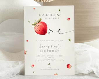 Berry First Birthday Invitation Template Girls 1st Birthday Invitation Strawberry 1st Birthday Invite Strawberry Birthday Printable Invite