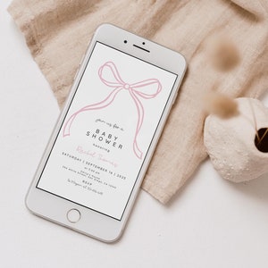 Pink Bow Girl Baby Shower Digital Evite Template, Electronic Baby Shower Invitation, Coquette Baby Shower Digital Invite Text Evite Editable
