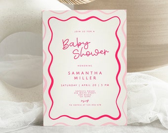 Wavy Baby Shower Invite Template, Girl Pink Baby Shower Invitation, Pink Wavey Baby Shower, Editable Invitation, Wavy Invitation, Printable