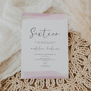 Sweet Sixteen Birthday Invitation, Editable 16th Sixteen Birthday Invitation Template, Sweet 16 Invite, Minimal 16th, Pink Gold, Printable