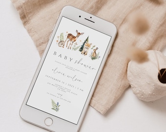 Woodland Baby Shower Electronic Invitation, Digital Invite, Forest Animals E-vite Template, Woodland Baby Shower Evite, Greenery Baby Shower