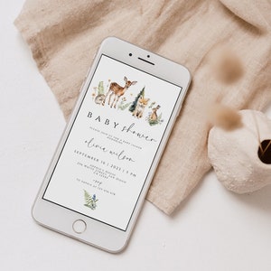 Invito elettronico per baby shower a tema bosco, invito digitale, modello di invito elettronico per animali della foresta, invito elettronico per baby shower a tema bosco, baby shower con tema verde