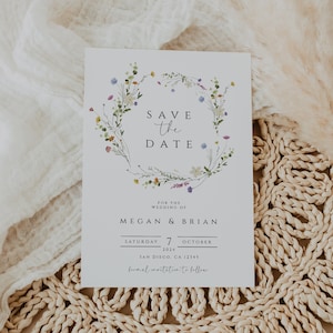 Wildflower Save the Date Template, Wildflower Wedding, Floral Wedding Save-the-Date Invitation, Pressed Wildflower Save The Date, Download
