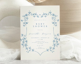 Dusty Blue Baby Shower Invitation Template, Victorian Baby Shower Invite Printable, Botanical Blue Floral, Editable Download, Chinoiserie