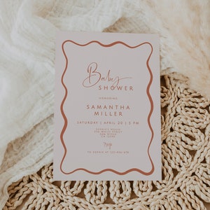 Invito minimalista per baby shower, download digitale, invito ondulato per baby shower stampabile, modello di invito per baby shower gender-neutral, fai da te