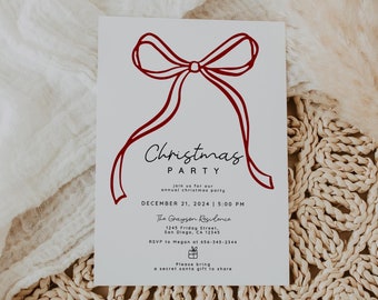 Hand Drawn Christmas Party Invitation Template, Red Bow Christmas Invitation, Holiday Party Invite, Ribbon, Whimsical Handwritten, Download